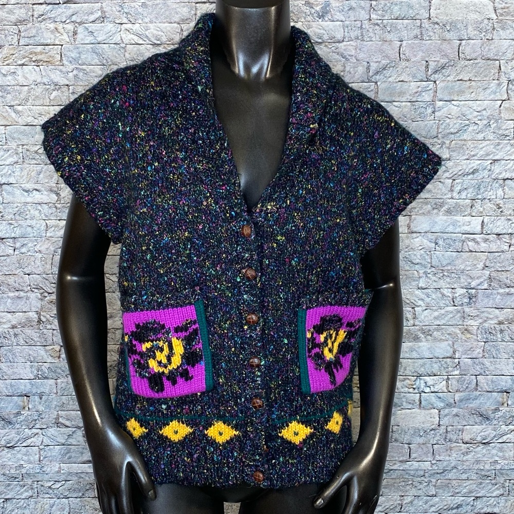 Vintage Button Down Cardigan Wool Blend Short Sleeve Womens Size Medium Pockets